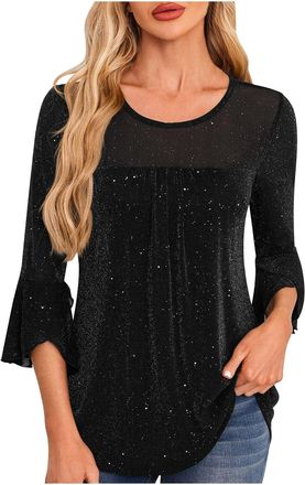 Generic Sparkly Dresses for Women UK, Sparkly Tops for Women UK 3/4 Sleeve Evening Party Top Sequin Shinny Glitter Chiffon Tunic Dressy Casual Solid Color Blo