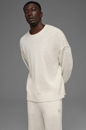 Alo | Wool Cashmere New Class Crewneck Sweater Top in Bone Heather, Size: Medium