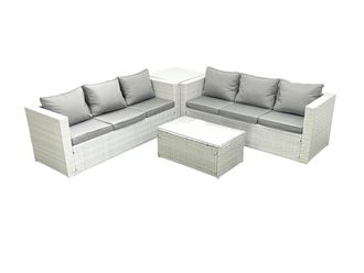 Fimous Garden Outdoor PE Rattan Furniture Set 6 Seater Rattan Garden Sofa Set with Side Table Light Grey Mixed