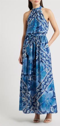 Julia Jordan Printed Mock Neck Satin Maxi Dress in Blue Multi at Nordstrom, Size 12