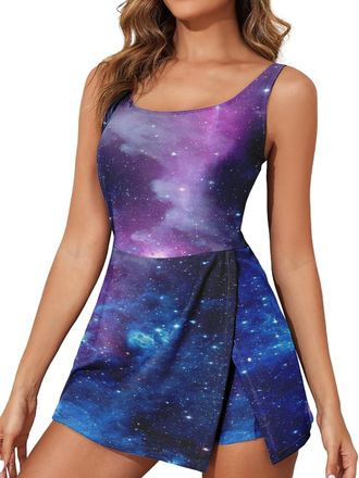 Generic Womens One Piece Flower Print Swimdress Swimsuit with Pockets Tummy Control Split Swim Dress Skirt Bathing Suit Swimwear for Beach Vacation