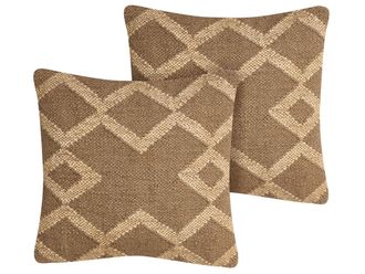 Beliani Set Di 2 Cuscini In Iuta E Lana Marrone Chiaro E Beige Motivo Geometrico 45 X 45 Cm Gopi