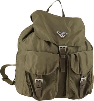 Prada Vela Double Front Pocket Backpack Tessuto With Saffiano Leather Khaki Nylon Backpack Bag (Pre-Owned)