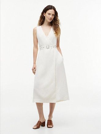 Tommy Hilfiger Belted Linen Blend Sleeveless Wrap Midi Dress