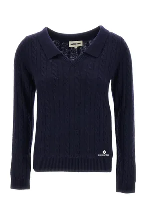 Shushu/Tong Blue V-Neck Chelsea Collar Cable Knit Wool-Lyocell Top