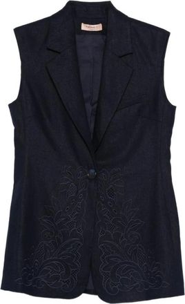 Twinset Geborduurd Mouwloos Vest - Dames - Bodywarmers - Blauw - M - Katoen - Jassen