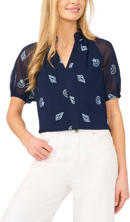 CeCe by Cynthia Steffe Embroidered Ruffle Puff Sleeve Top in Classic Navy at Nordstrom, Size Xx-Small