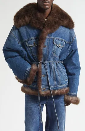 Dolce & Gabbana Genuine Shearling Trim Denim Trucker Jacket in S9001 Variante Abbinata at Nordstrom, Size 38 Us