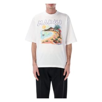 Marni T-Shirts, male, White, Size: M Cotton T-shirt with Beach Postcard Print
