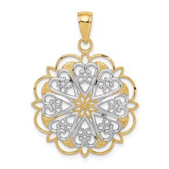Diamond2Deal 14k Yellow Gold Rhodium Filigree Hearts Scalloped Edge Pendant