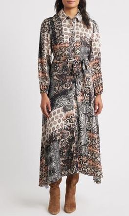 Julia Jordan Mixed Print Long Sleeve Shirtdress in Black Brown at Nordstrom Rack, Size 14