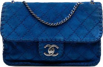 Chanel Blue Medium Quilted Suede Whipstitch Single Flap