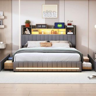 OEM Cama Doble 160x200 - Cofre Con Cajones - Led Rgb - Tejido De Lino Gris - Dise&ntilde;o Moderno