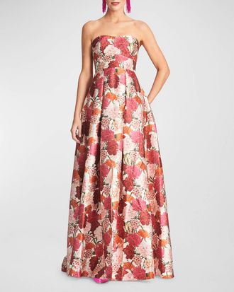 Sachin & Babi Giovanna Strapless Pleated Floral-Print Gown