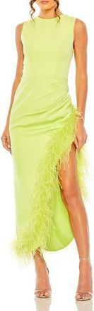 Mac Duggal Sleeveless Faux Wrap Dress with Feather Detail in Lime at Nordstrom, Size 12