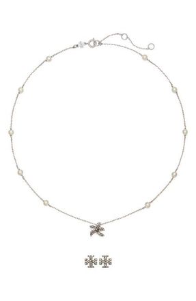 Tory Burch Moondance Pendant Necklace & Pav&eacute; Stud Earrings Gift Set in Tory Silver /Pearl at Nordstrom