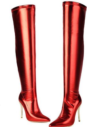 Generic Red,5.5 UK,Womens Thigh High Boots Over The Knee Stiletto Heels Long Pointed Toe Boots Patent Leather PU Side Zipper Party Dating Dress Shoes