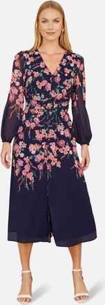 Yumi Belted Floral Midi Dress in Navy at Nordstrom, Size 12