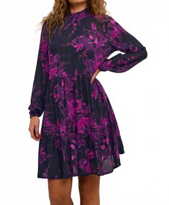 Kaffe Karikka Long Sleeves High Neck Midi Dress In Black Purple Painted