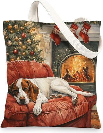 Generic Christmas Coonhound Dog Canvas Tote Bag for Shopping 13x15, Xmas Fireplace Puppy Pet Reusable Grocery Print Pattern Bag for Women, Happy New Year Beac