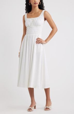 Open Edit Smocked Waist Midi Dress in White at Nordstrom, Size Xx-Small