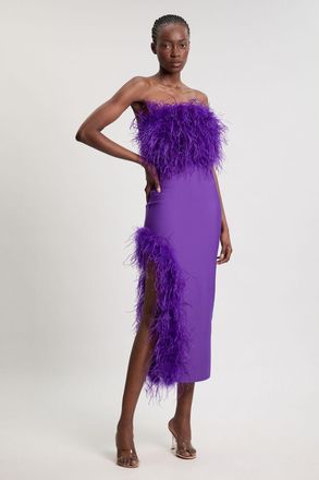 Karen Millen Womens Petite Figure Form Bandage Feather Detail Bandeau Knit Midi Dress - Purple - Size 12 UK