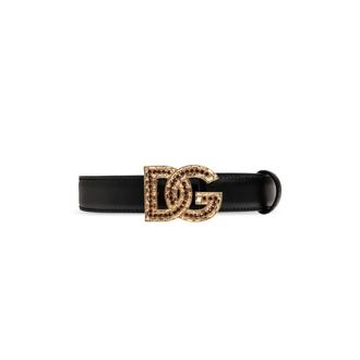 Dolce & Gabbana Accessoires, Dames, Zwart, 75 CM, Leer, Kalfsleren Riem met DG-Logo