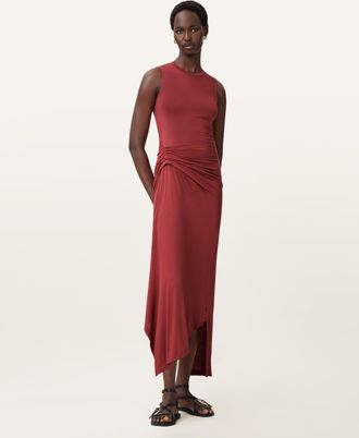 AllSaints Polyester Rivi Draped Midi Dress, Size: UK 8/US 4