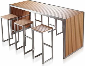 None Domus Stile Donatello Sgabelli, Acciaio in ossidabile e Sumpar Wood, Marrone e Metallo, Set Tavolo Bar + Sedie, 7 unità