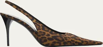 Saint Laurent 90mm YSL Leopard Grosgrain Slingback Pumps