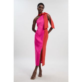 Karen Millen Soft Tailored Bow Tie-Neck Midi Dress in Pink at Nordstrom, Size 2