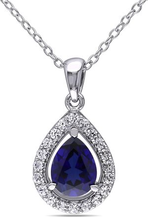 Mimi & Max 2 1/5 CT TGW Created Blue and Created White Sapphire Teardrop Halo Pendant with Chain in Sterling Silver