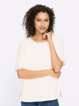 Heine Kurzarmpullover HEINE Halbarm-Pullover, Damen, Gr. 34, wei&szlig;, hellblau, 100% Baumwolle, gemustert, mehrfarbig, unifarben, Pullover Kurzarmpullover