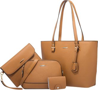 Generic Stylish Women Retro Large Capacity Four Piece Set Tote Messenger Bag Clutch And Wallet Combo (Brown, One Size)