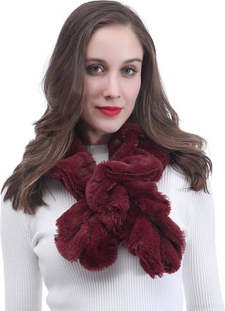 Lina & Lily Elastic Ruffle Faux Fur Womens Winter Pull-through Scarf Neck Warmer (Dark Red)
