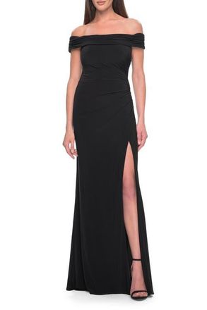 La Femme Off the Shoulder Jersey Dress with Ruching and Slit in Black at Nordstrom, Size 10