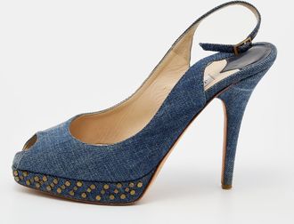 Jimmy Choo London Blue Denim Peep Toe Slingback Sandals