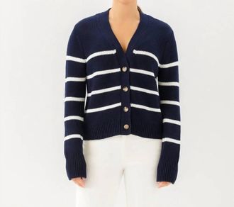 Karen Kane Stripe Sweater Cardigan In Navy With Off White