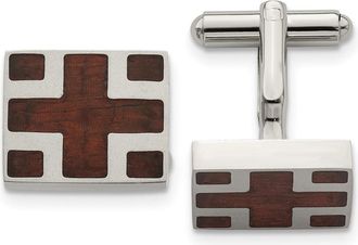 Diamond2Deal Stainless Steel Polished with Cherry Wood Inlay Cross Design Square Cufflinks