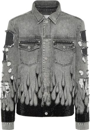 Philipp Plein Giacca denim Strass Flame oversize - Grigio