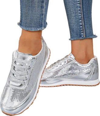 Generic Sequin Shoes For Women Uk Non Slip Comfortable Shoe Casual Lace Up Sport Sneakers Breathabl Ladies Running Shoes For Wedding Party Dancing Round Toe G