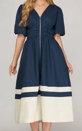 She + Sky Bubble Sleeve Front Zip Midi Dress With Pockets In Navy