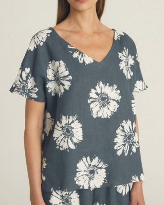 Rosso35 Womens Linen V Neck Top In Anthracite & Off-White