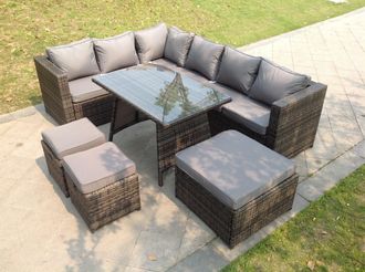 Fimous 9 Seater Rattan Corner Sofa Set Dining Table Footstool Garden Furniture Patio in Dark Grey
