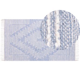 Beliani Alfombra De Algod&oacute;n Azul Blanco Crema 80 X 150 Cm Geom&eacute;trico Tribal Borlas Ansar