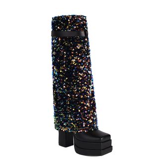 Generic Womens Block Heel Platform Long Boots Square Toe Glitter Party Prom Shoes PU Leather Knee High Boots with Buckle,Black2,7.5 UK