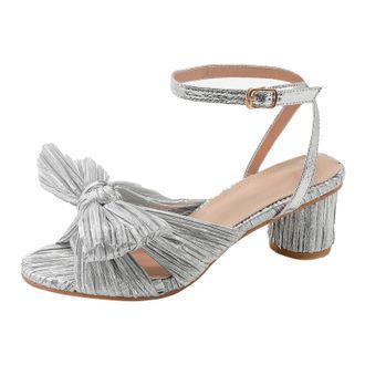 Generic Women Summer Thick Heel Satin Bow Round Toe Sandals Elegant Dressy Block Platform Comfortable Footwear For Casual Outings (Silver, 6.5)