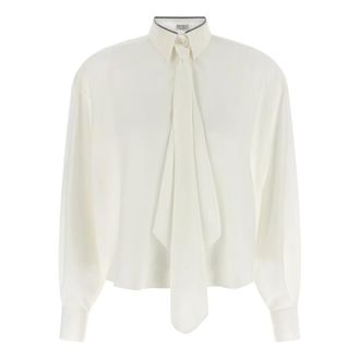 Brunello Cucinelli Silk Cr&ecirc;pe de Chine Shirt with Tie and Shiny Collar - female - Brunello Cucinelli - Shirts - White - M - Blouses & Shirts