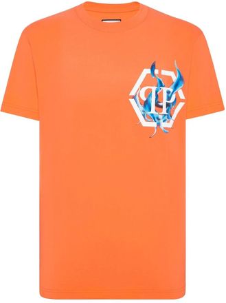 Philipp Plein Tops, Heren, Oranje, L, Katoen, T-shirt Ronde Hals SS Flame Logos
