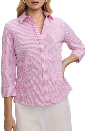 Foxcroft Hampton Crinkle Jacquard Shirt in White/Pink at Nordstrom, Size X-Large